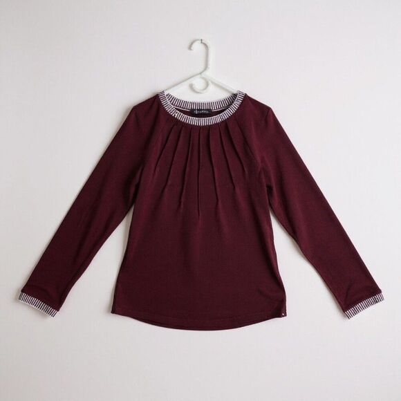 Merokeety Pullover Women Small Wine Red Long Sleeve Blouse Detailed Neckline - Picture 2 of 6